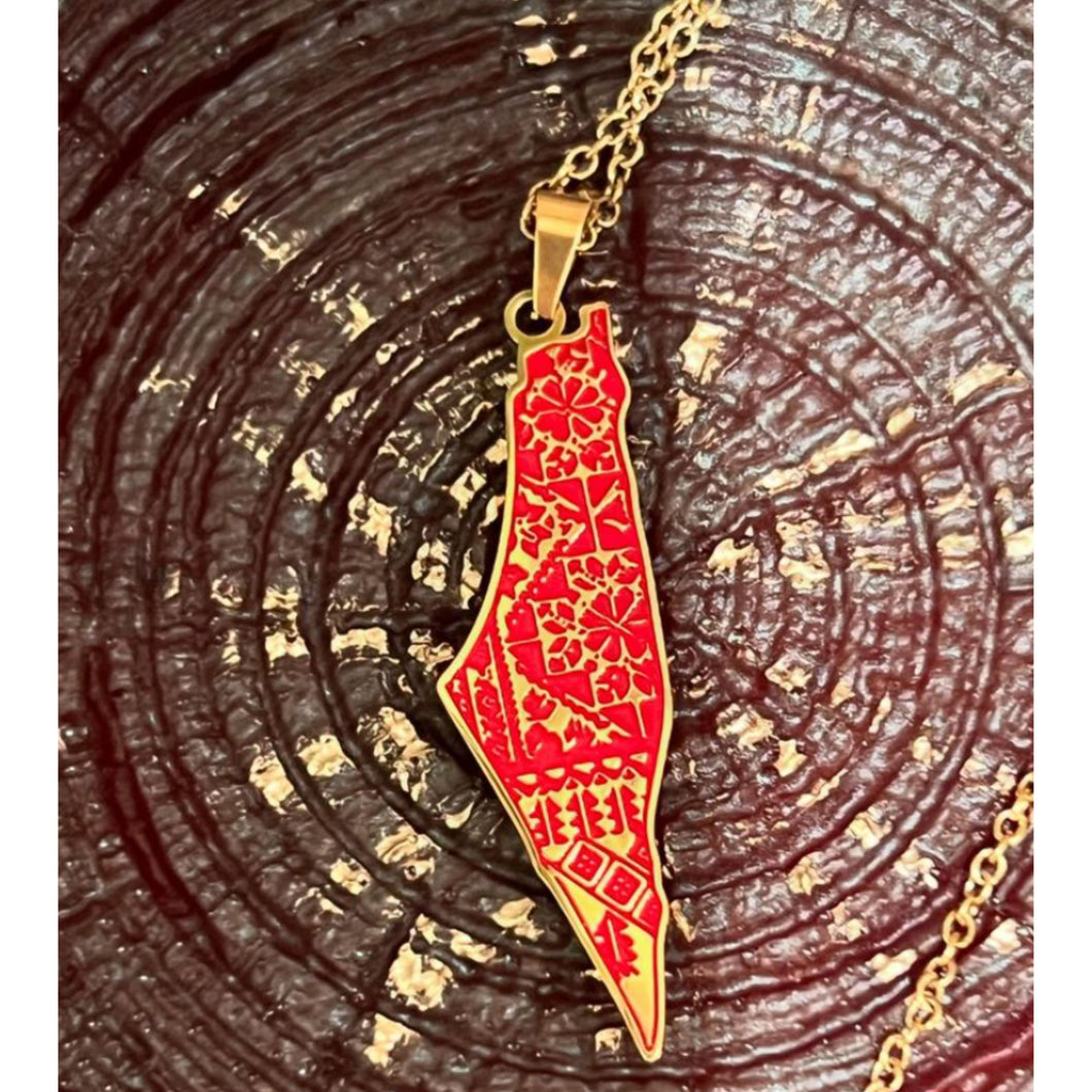 Palestine Map Pendant with Red Tatreez Accents