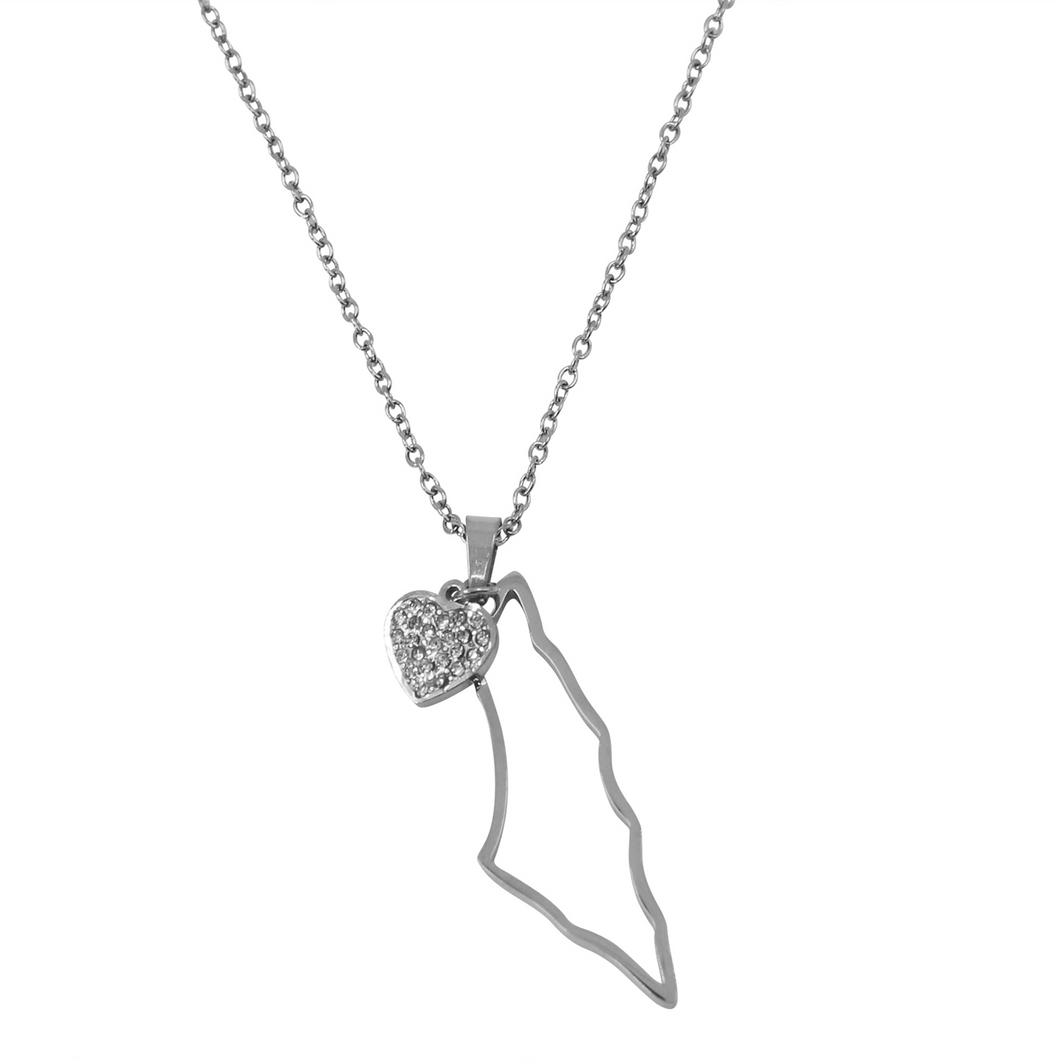 Palestine Map Outline & Heart Necklace Chain Pendant